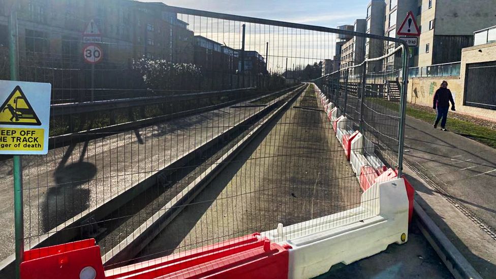 Cambridgeshire Guided Busway with temporary barrier