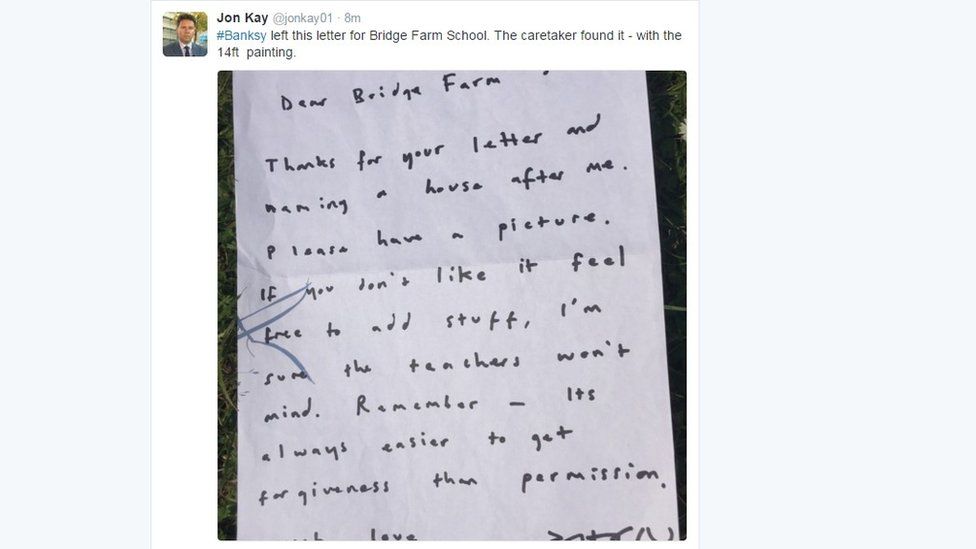 Letter from Banksy to the children at Bridge Farm School