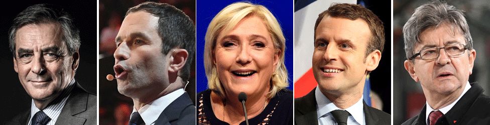 From L to R: Francois Fillon, Benoit Hamon, Marine Le Pen, Emmanuel Macron and Jean-Luc Melenchon