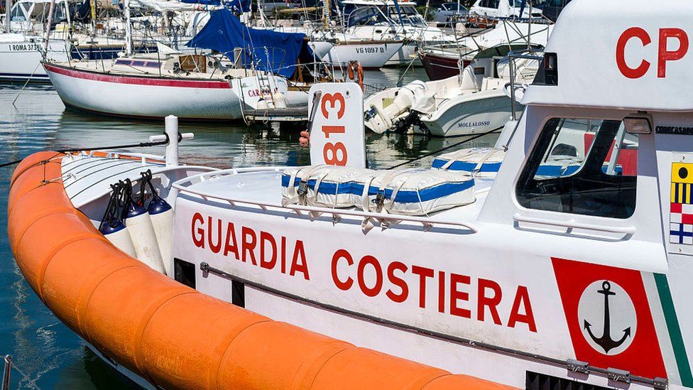 A rubber dinghy belonging to Italy's coastguard pictured in Viareggio harbour in Tuscany, Italy.