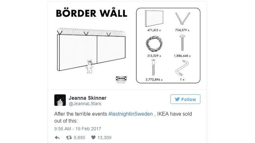 A tweet mocking Trump's Sweden comments by mocking up an Ikea-style border wall