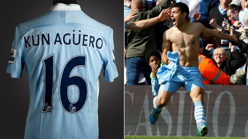 Sergio Aguero's shirt and the Argentine celebrating his goal in 2012