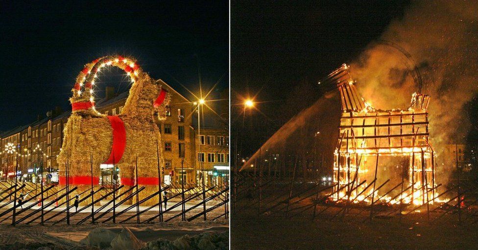 A composite image of the straw goat intact, and in flames