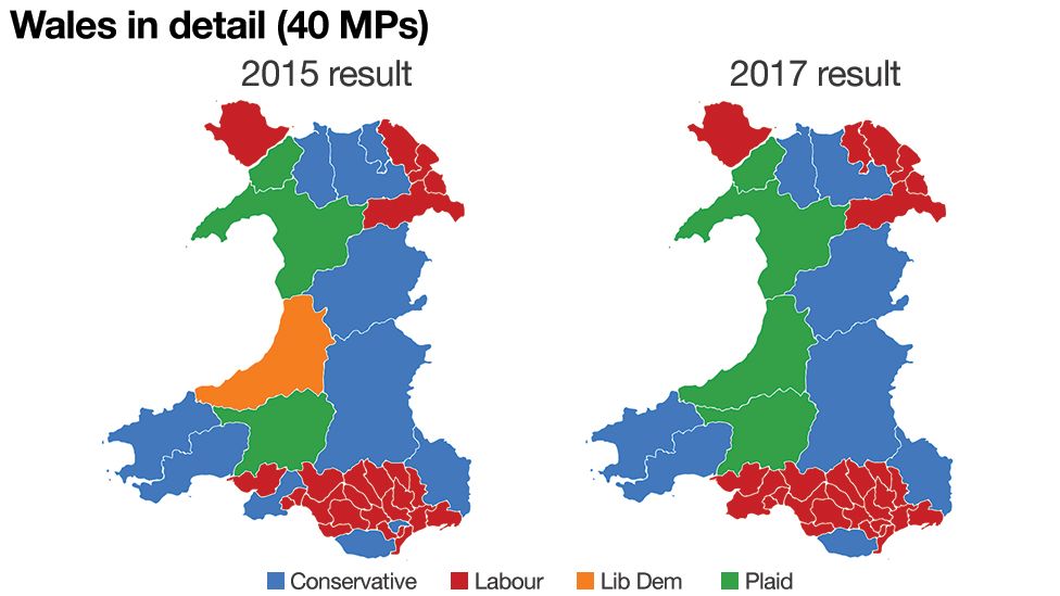 A map showing the election results in 2015 and 2017