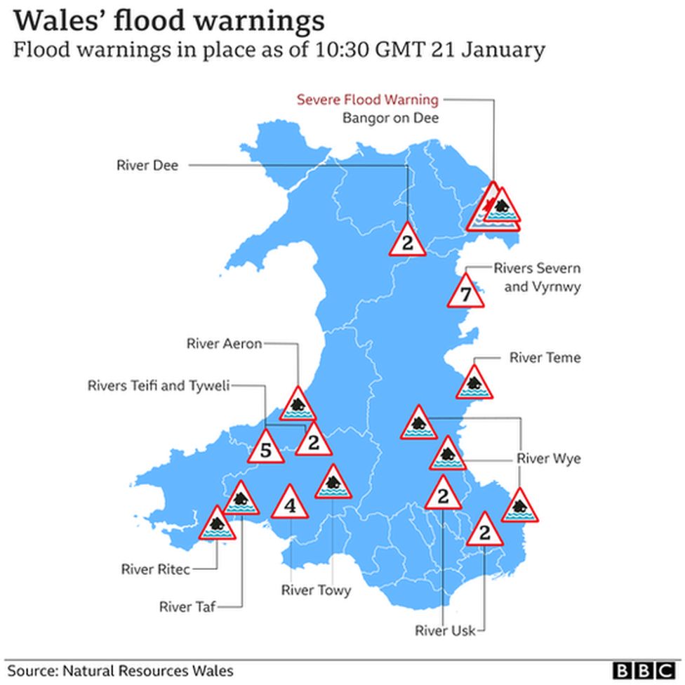 Map of flood warnings across Wales