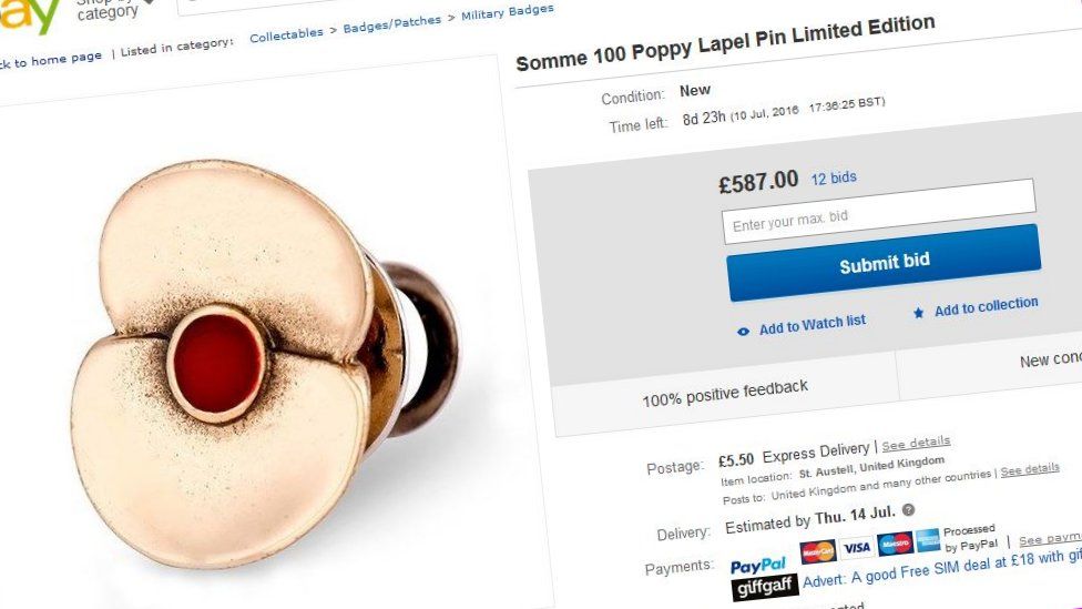 Commemorative Somme lapel pins being sold on  for hundreds of pounds -  BBC News
