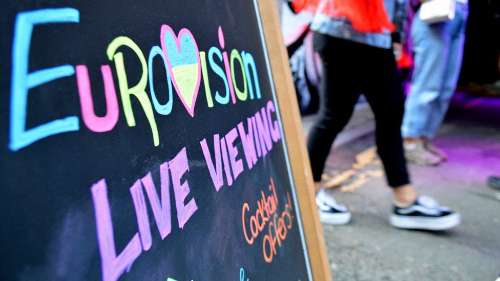 Blackboard outside a bar in Liverpool advertising a Eurovision live viewing