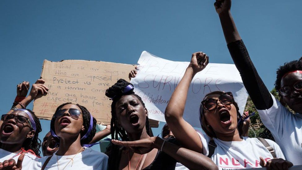 Kenyan women shout slogans as they participate in a feminist march, held to call a halt to the nation's femicide