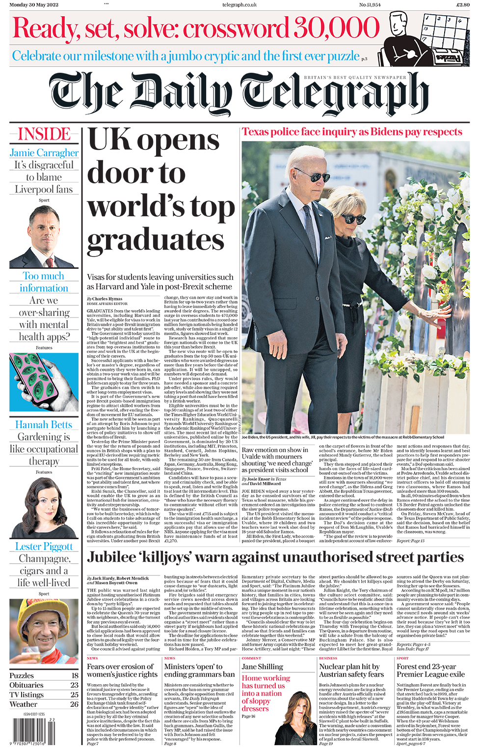 The headline in the Daily Telegraph reads 'UK opens door to world's top graduates'