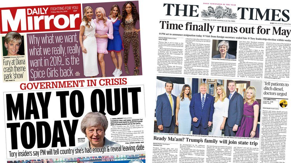 Daily Mirror and Times front pages for 24/05/19