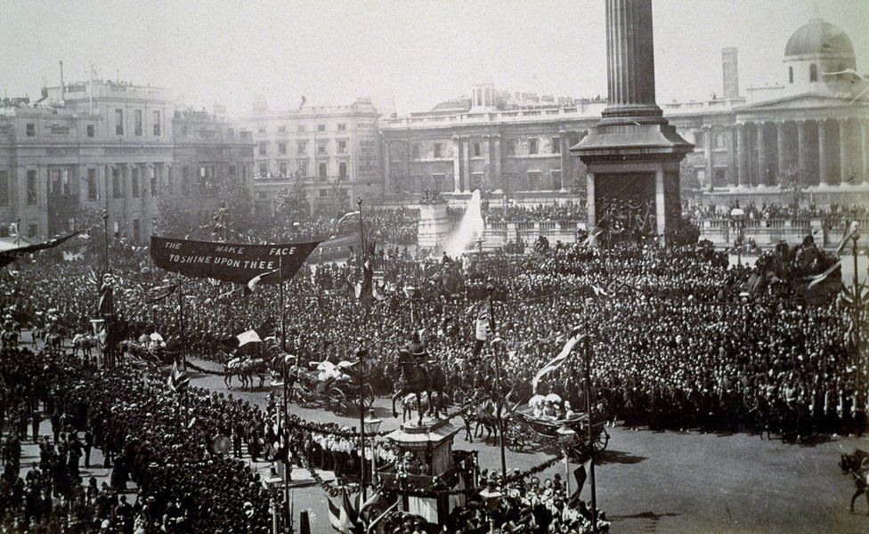 Queen Victoria in Trafalgar Square during her Golden Jubilee celebrations, London, 1887