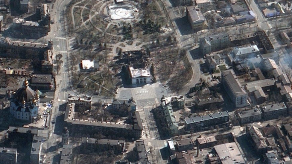 A satellite image showing the destruction of the theatre in Mariupol