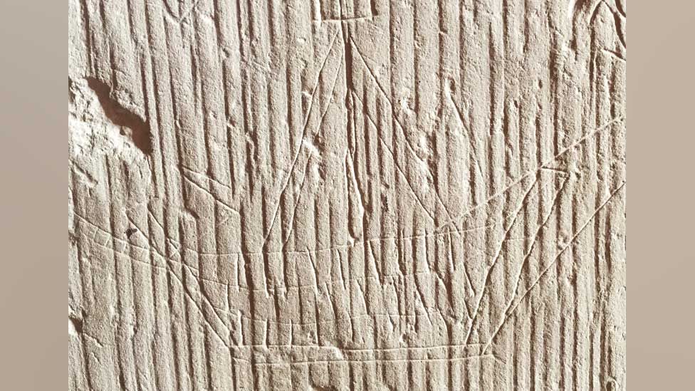 Medieval graffiti of ship, Flamstead church
