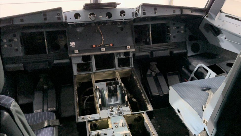 The Airbus 318 cockpit that has been stripped