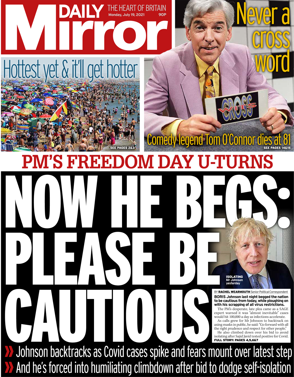The Daily Mirror front page 19 July 2021
