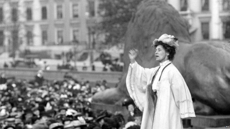 Emmeline Pankhurst at a meeting in London's Trafalgar Square, 1908