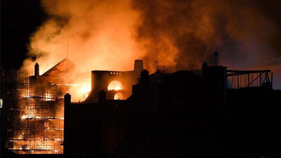 Fire fighters battle a blaze at the Mackintosh Building at the Glasgow School of Art for the second time in four years