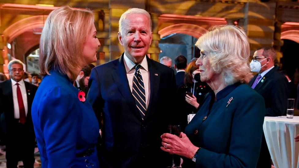 Liz Truss and Joe Biden at the COP 26 climate conference in Glasgow, alongside the then-Duchess of Cornwall