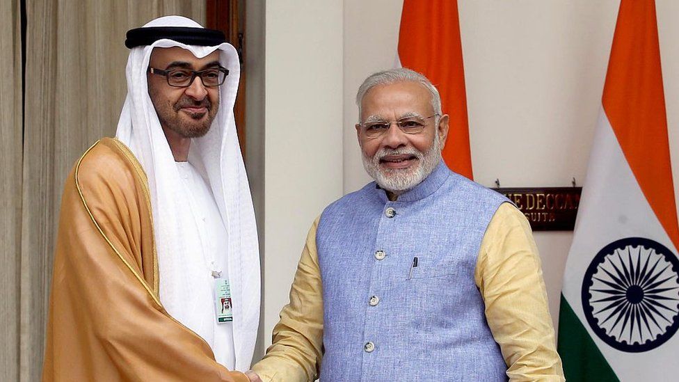 The Crown Prince of Abu Dhabi General Sheikh Mohammed Bin Zayed Al Nahyan (L) shakes hands with Indian Prime Minister Narendra Modi ahead of a meeting at Hyderabad House in New Delhi, India on January 25, 2017.