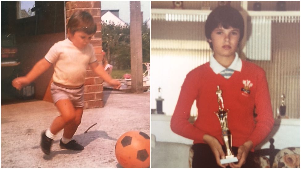 Gary Speed as a small child kicking a ball outside his Flintshire home, and a second image as a Wales schoolboy player with a trophy and Wales jumper