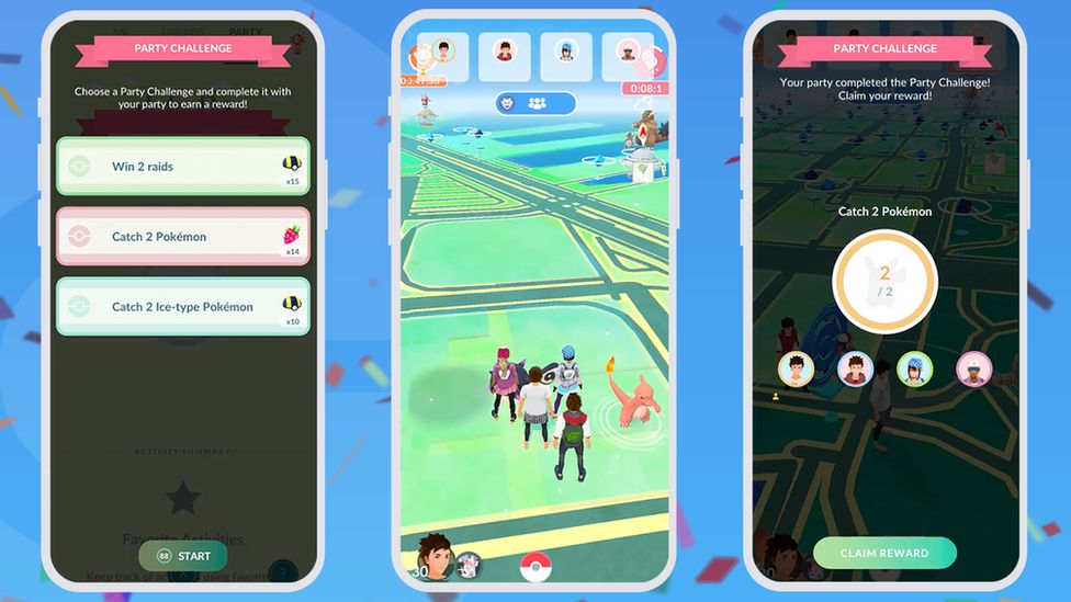 Three screenshots of phones playing different parts of Pokémon Go. The first shows the words "Party challenge" written on a pink, ribbon-style banner above an opaque black background with part of a map visible underneath. Below the banner are details of three challenges, such as "Win 2 raids", which appear on different coloured rectangles. The middle shows a screen shot from Pokémon Go's main map screen, with a team of five players gathered in the bottom part of the screen as the map stretches out before them. The third has a similar colour scheme and layout to the first, but this time shows the message "Your party completed the Party Challenge! Claim your reward!"