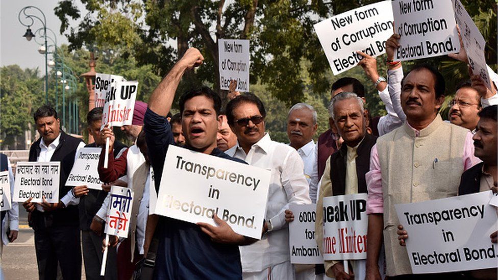Депутаты Конгресса протестуют против выпуска избирательных облигаций в помещении парламента во время зимней сессии, требуя, чтобы премьер-министр Нарендра Моди нарушил молчание по этому поводу, 22 ноября 2019 года в Нью-Дели, Индия.