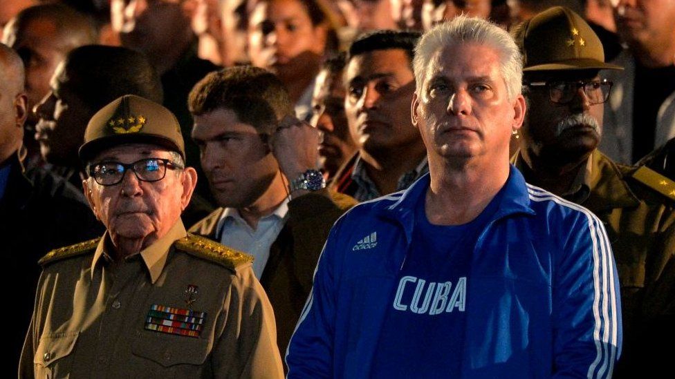 Former Cuban President Raul Castro (L) and Cuban President Miguel Diaz-Canel (R) participate in a torch march to celebrate Cuban National Hero Jose Marti in Havana, on January 27, 2020.