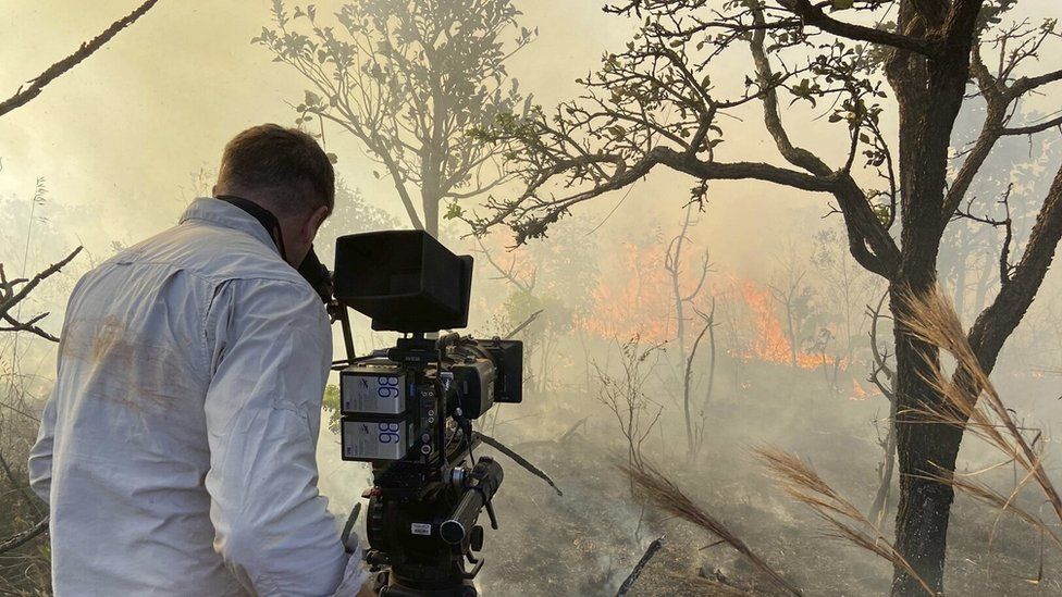 Cameraman Mark MacEwen films the destruction of fires in the grasslands of the Brazilian Cerrado