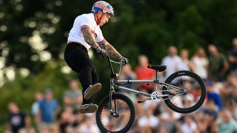 GB's Kieran Reilly spins his bike in mid-air in the BMX freestyle park event at the European Games