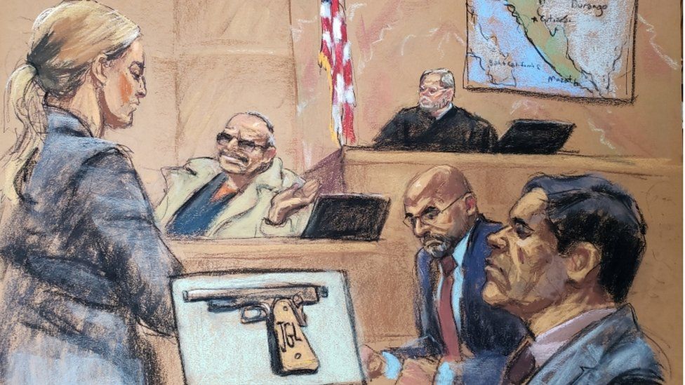 Drawing showing courtroom with witness Jesus Zambada and Joaquin 'El Chapo' Guzman
