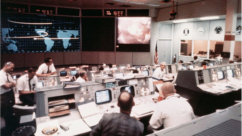 Mission Operations Control Room in the Mission Control Center, Building 30, on the second day of the Apollo II lunar landing mission