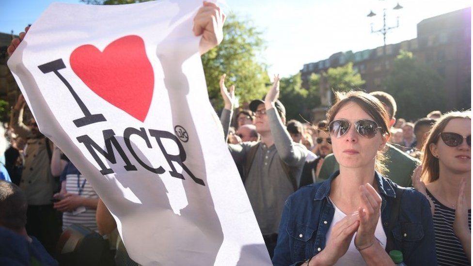 People holding up I Love MCR sign