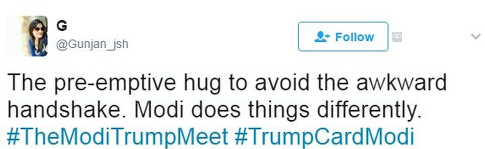 The pre-emptive hug to avoid the awkward handshake. Modi does things differently. #TheModiTrumpMeet #TrumpCardModi