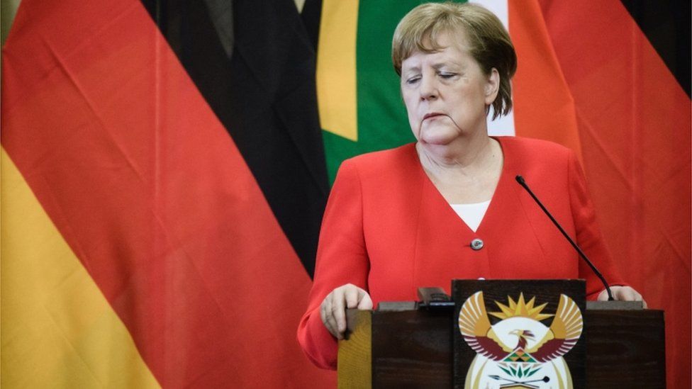 Angela Merkel at a press conference in South Africa