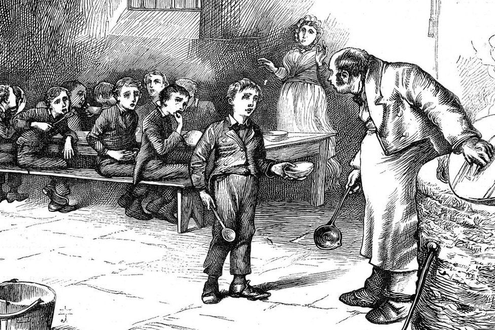 Ink etching from the 1800s showing Oliver Twist asking for a second helping of porridge.