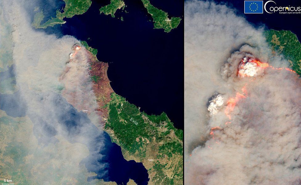 EU satellite photos of the burning north of Evia on 8 August