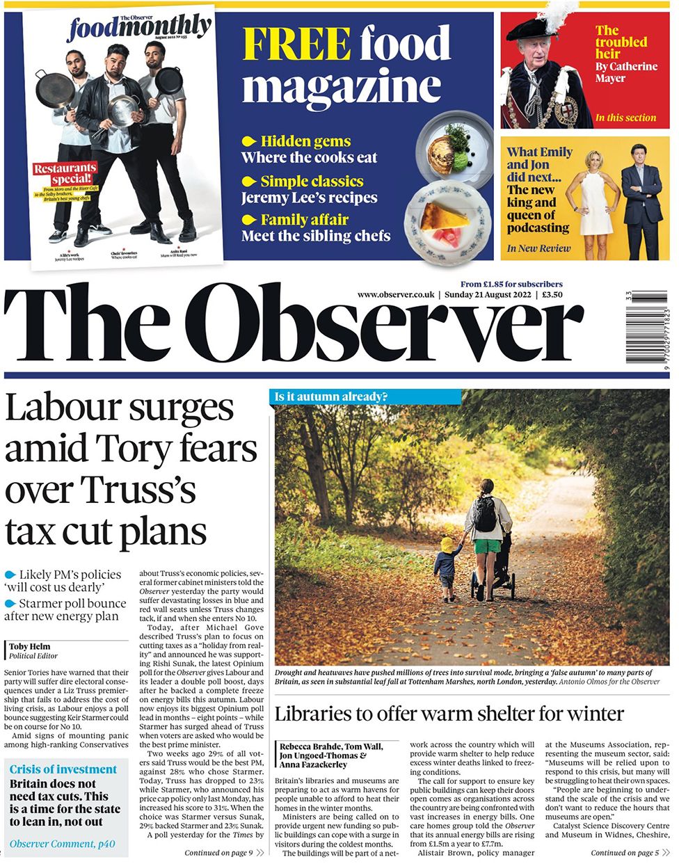The Observer front page 21 August 2022