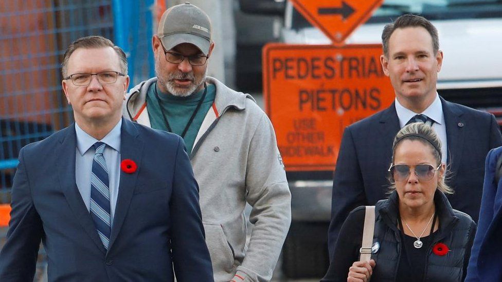 Lawyer Keith Wilson and Freedom Convoy organizers Chris Barber, Tamara Lich, and Tom Marazzo arrive at the Public Order Emergency Commission in Ottawa, Ontario, Canada November 2, 2022.