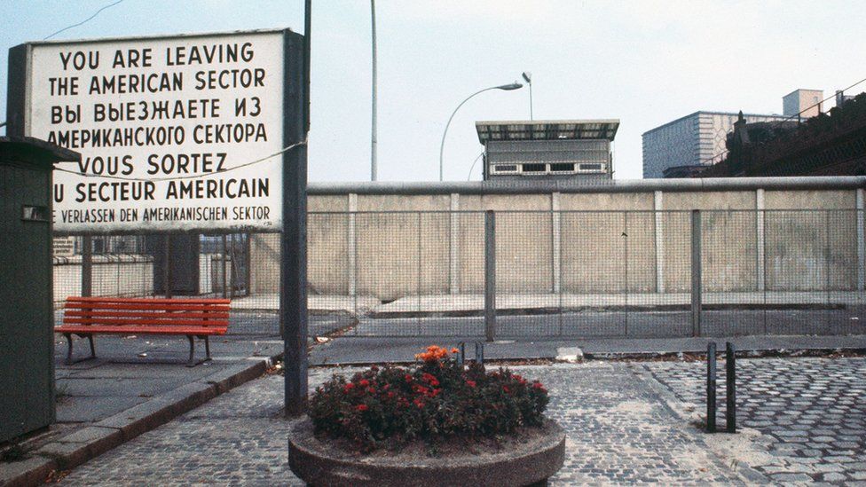 View of Berlin Wall at River Spree checkpoint, 1976