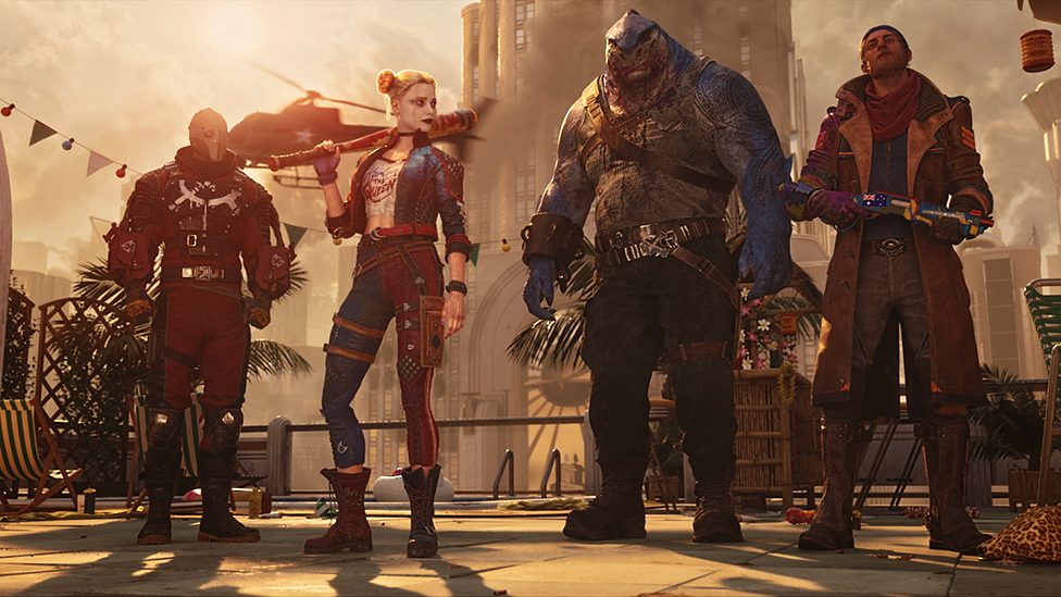 Four characters line up against a city skyline. On the left, a character wears heavy armour with a silver mask and red eyeholes. Then a female character in blue leather jacket and trousers has a fearsome-looking baseball bat, held in one hand, resting on her shoulder. The third character is a humanoid, blue shark. On one wrist he wears a large metal manacle and his white vest is speckled with blood. The final character wears a beanie, long brown coat and holds a small two-handed pistol with an Australian flag sticker on it.