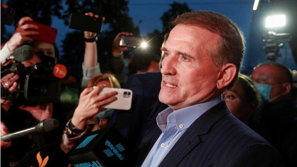 Leader of Opposition Platform - For Life political party Viktor Medvedchuk talks to the media after a court hearing in Kyiv, Ukraine May 13, 2021