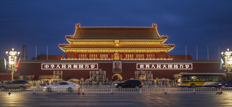 Mao's portrait hanging in Tiananmen Square