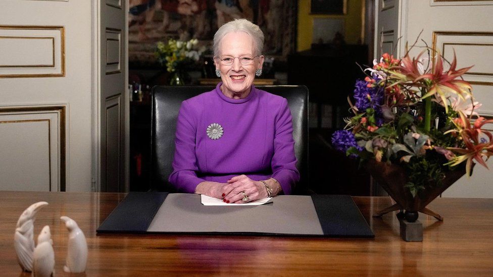 Queen Margrethe II smiles during a television broadcast