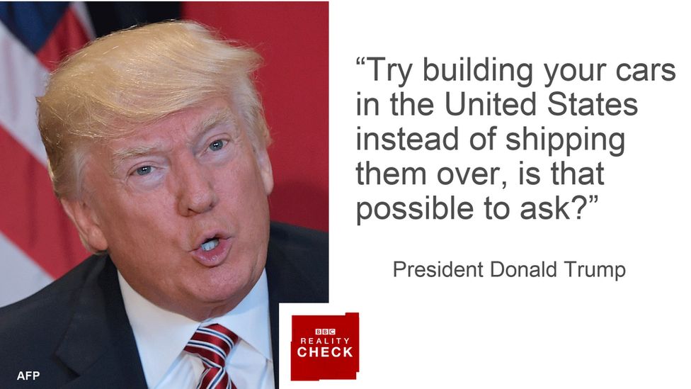 Portrait of Donald Trump alongside quote: "Try building your cars in the United States instead of shipping them over, is that possible to ask?"