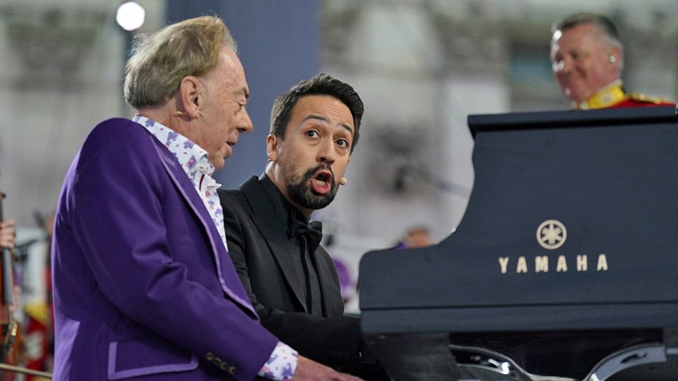 Sir Andrew Lloyd Webber and Lin-Manuel Miranda on stage at the Platinum Party at the Palace
