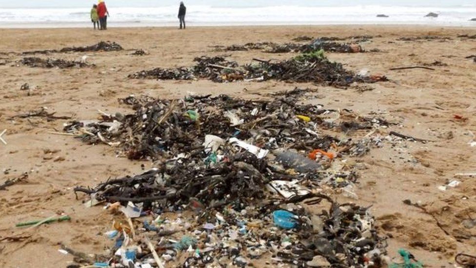 Waste washed up on Cornish beach