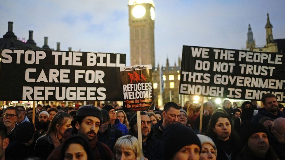 Demonstrators protesting against the Illegal Migration Bill in Parliament Square, London, during the second reading of the the bill
