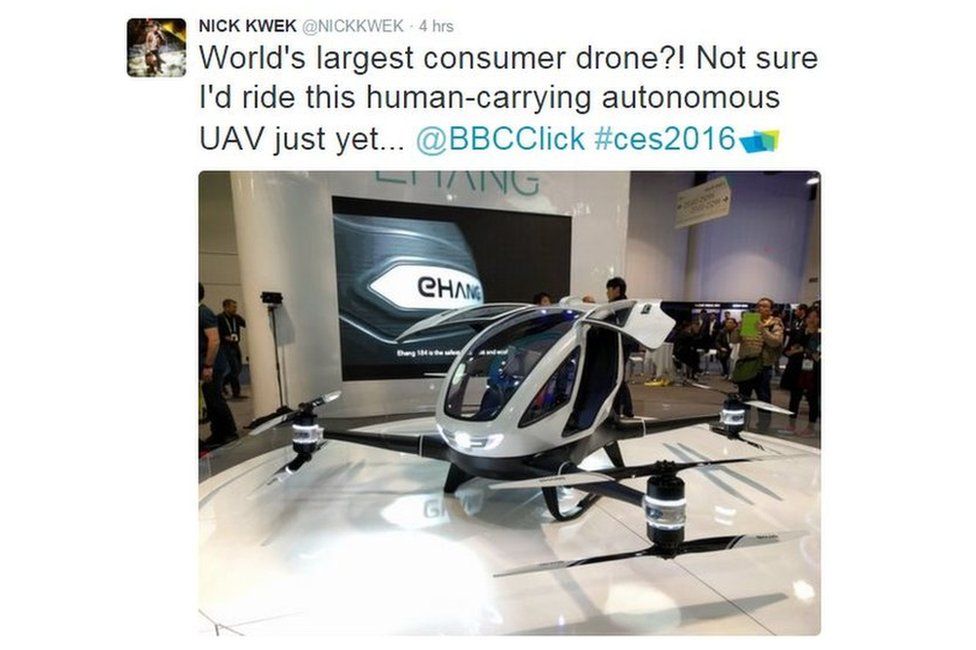 Tweet by Nick Kwek: "World's largest consumer drone?! Not sure I'd rise this human-carrying autonomous UAV just yet..." with a photo of a small helicopter that could carry a person.