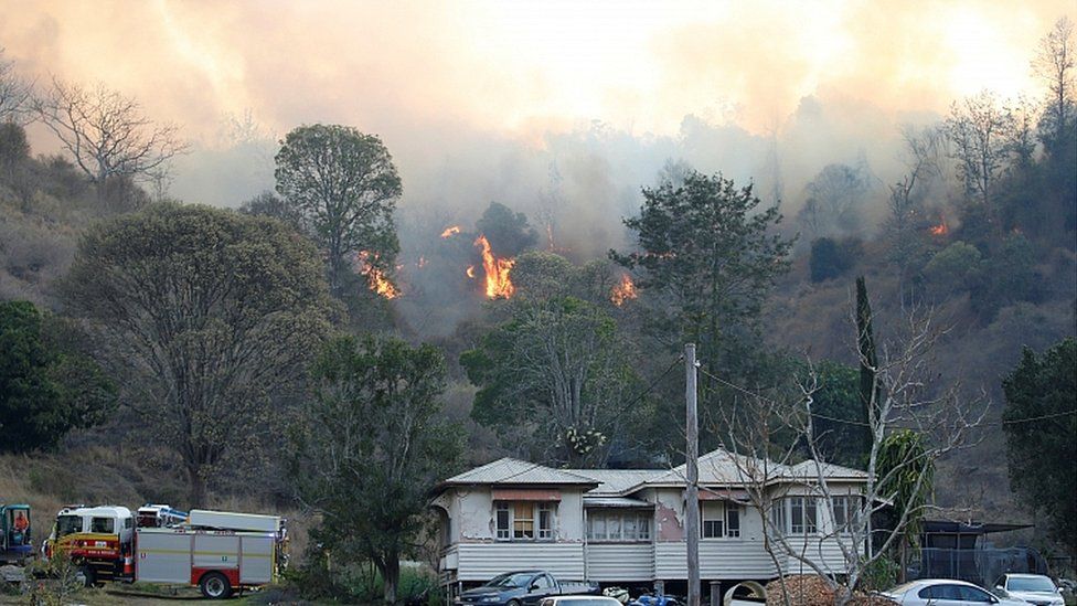 Bushfire near a house in the rural town of Canungra in the Scenic Rim region of south-east Queensland, Australia, September 6, 2019
