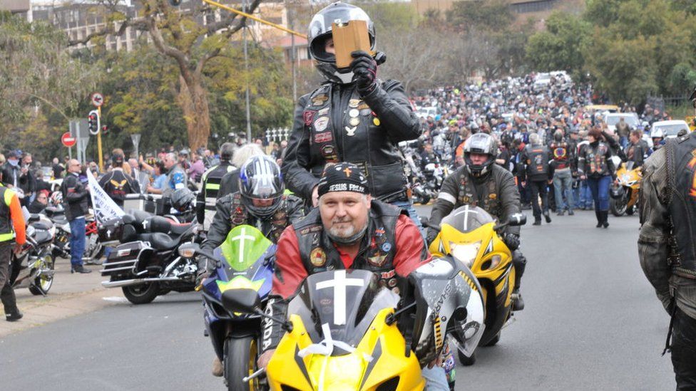 Bikers representing various clubs ride to the Union Building to lay crosses and flowers to symbolize the murdered farmers across the country on August 29, 2020 in Pretoria, South Africa.
